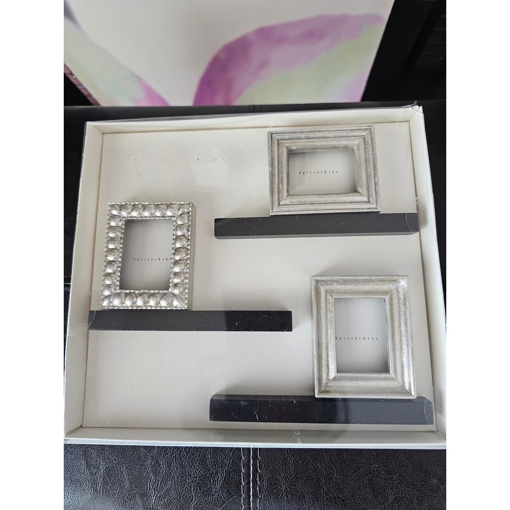 Pottery Barn Silver Miniature Picture Frame Set with Black Ledges 3 Piece New